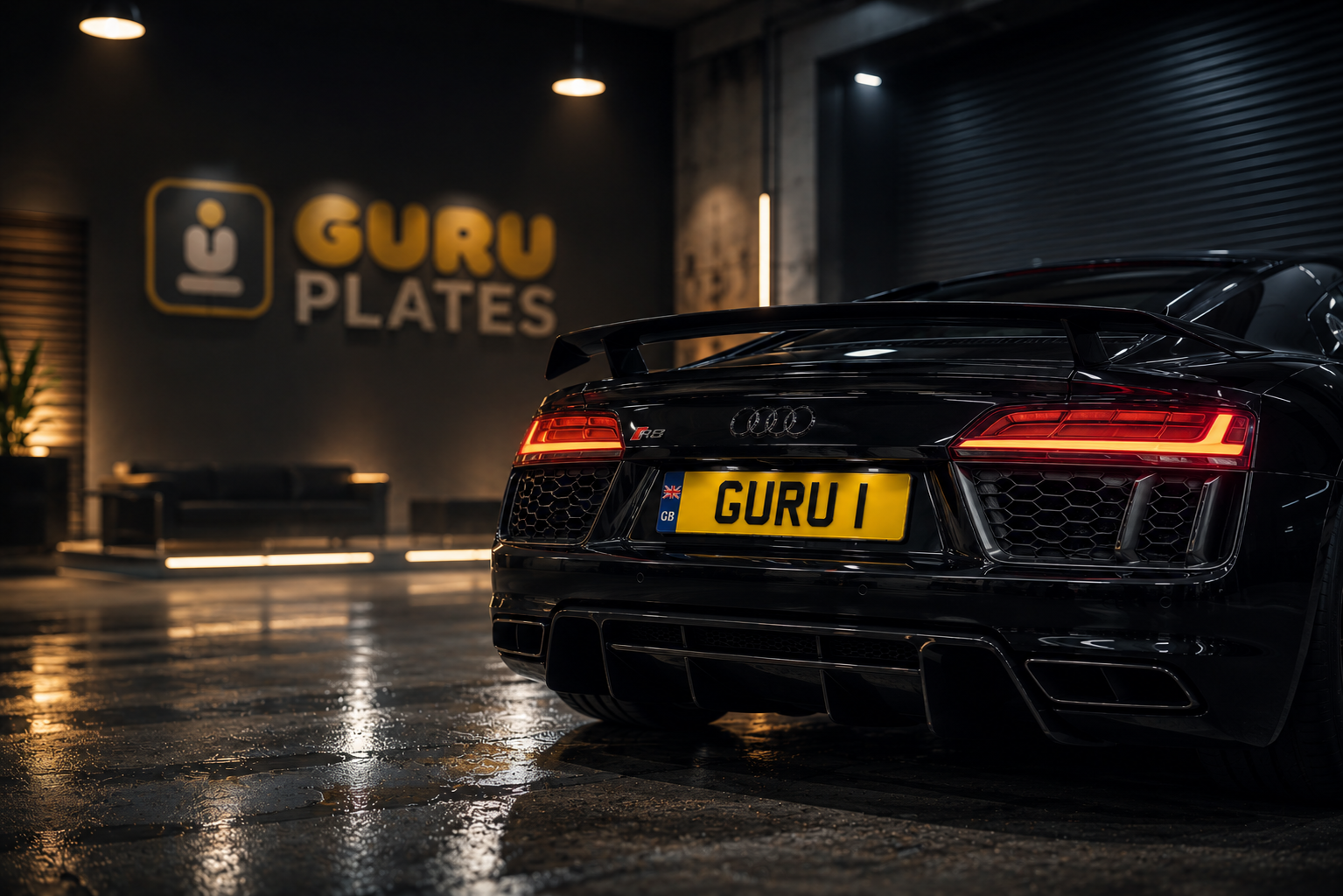 Custom show number plate on a black Audi R8 in the Guru Plates™ studio