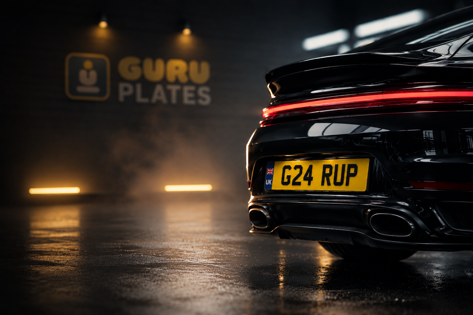 Road legal yellow UK number plate G24 RUP mounted on a black Porsche in a Guru Plates™ branded studio